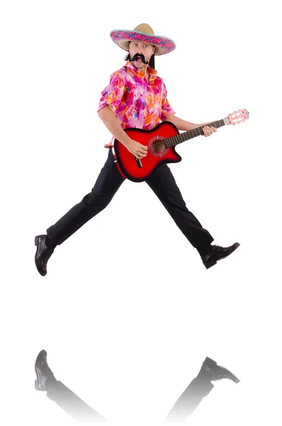 Mexican male brandishing guitar isolated on white — Stock Photo, Image