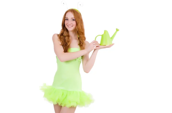 Woman with watering can isolated on white — Stock Photo, Image