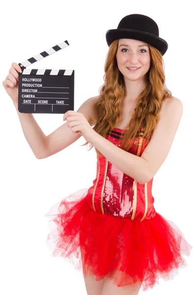 Young fairy with clapperboard isolated on white — Stock Photo, Image