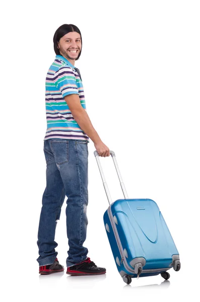 Молодий чоловік подорожує з валізами ізольовано на білому — стокове фото