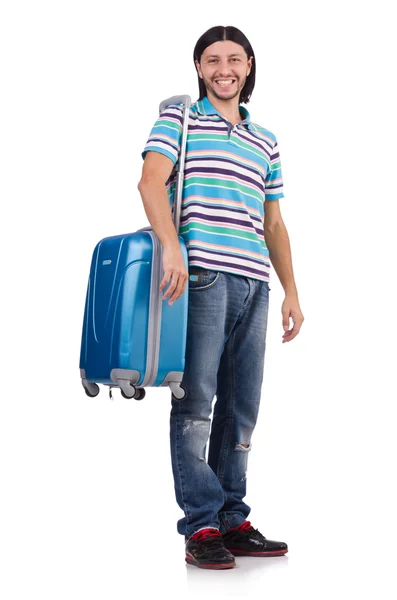 Jeune homme voyageant avec des valises isolées sur blanc — Photo