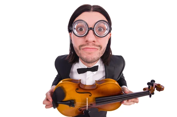 Homme drôle avec instrument de musique sur blanc — Photo