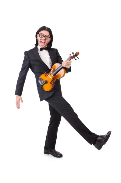 Lustiger Mann mit Musikinstrument auf Weiß — Stockfoto