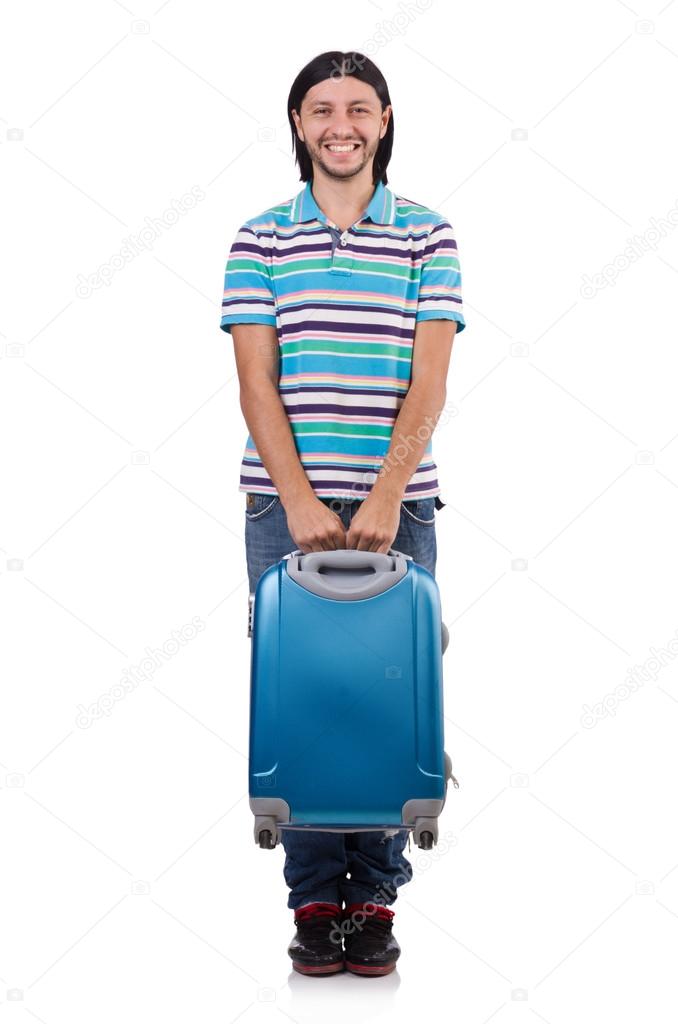 Young man travelling with suitcases isolated on white