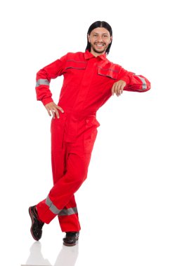 Sanayi işçisi beyaz arka planda izole edilmiş.