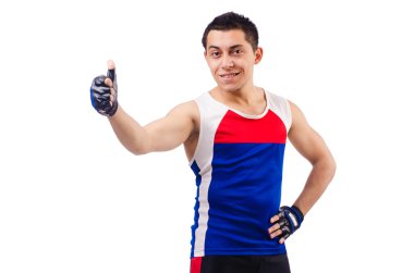 Beyaz üzerinde egzersiz yapan komik bir adam.