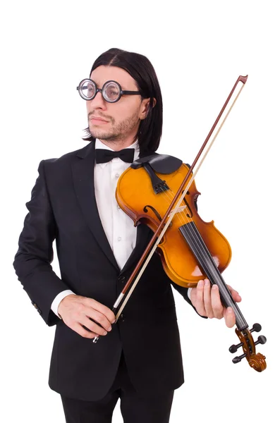 Homem engraçado com instrumento de música em branco — Fotografia de Stock