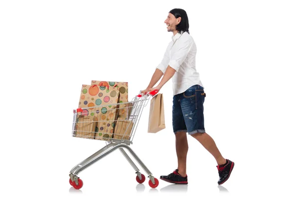 Hombre de compras con carrito cesta de supermercado aislado en blanco — Foto de Stock