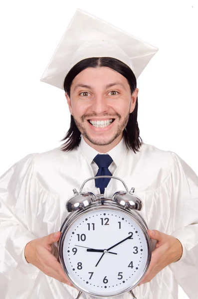 Étudiant manquant ses délais avec horloge sur blanc — Photo