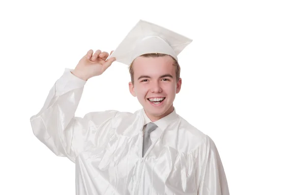 Jonge mannelijke student afgestudeerd aan de middelbare school op wit — Stockfoto