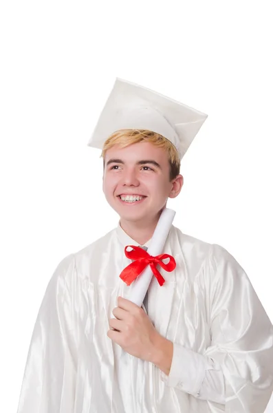 Young male student graduated from high school on white — Stock Photo, Image