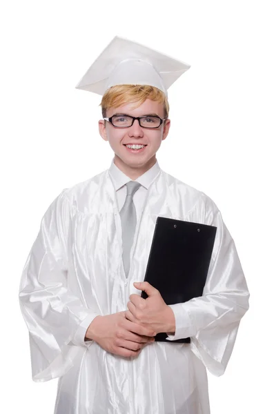 Student met laptop geïsoleerd op wit — Stockfoto