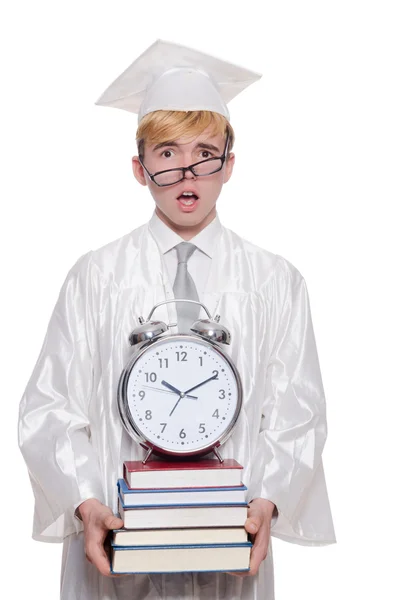 Student mist zijn deadlines met klok op wit — Stockfoto