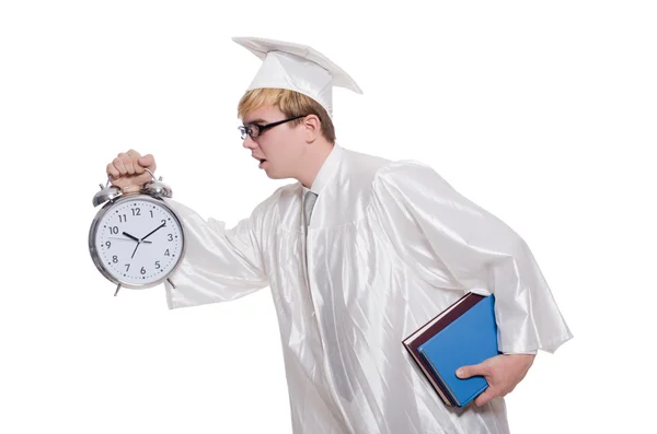 Student mist zijn deadlines met klok op wit — Stockfoto