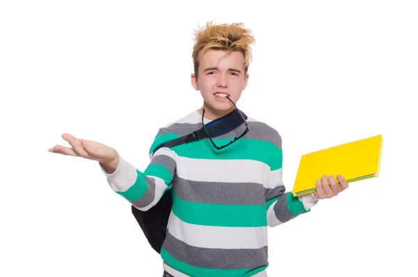 Estudiante divertido con libros aislados en blanco — Foto de Stock