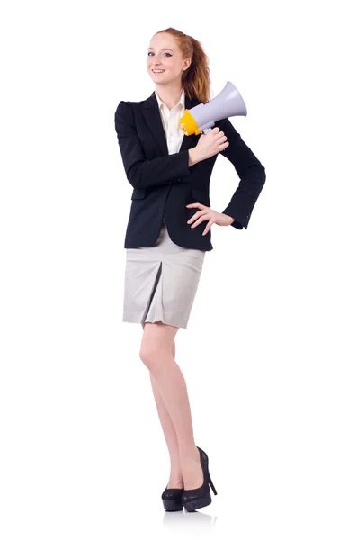 Woman with loudspeaker isolated on the white — Stock Photo, Image