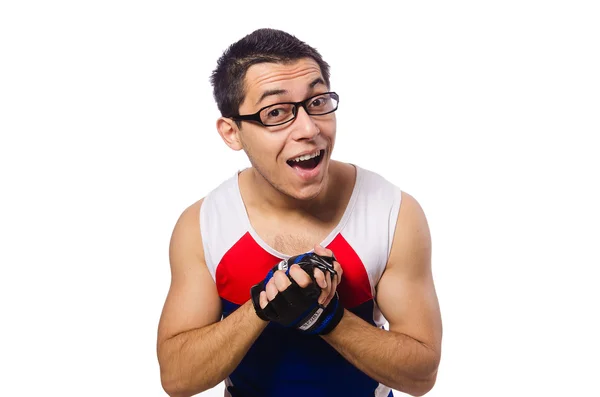 Engraçado homem exercitando no branco — Fotografia de Stock