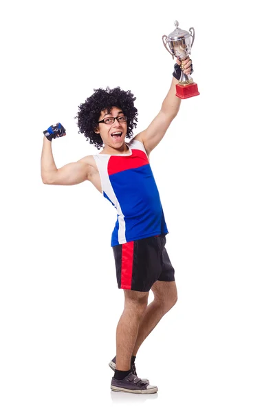 Hombre divertido después de ganar la copa de oro aislado en blanco — Foto de Stock