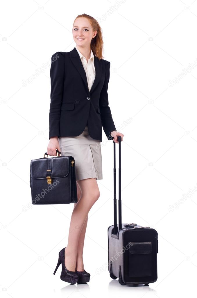 Travelling businesswoman isolated on the white