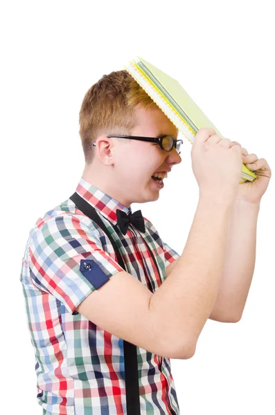 Funny student with books isolated on white — Stock Photo, Image