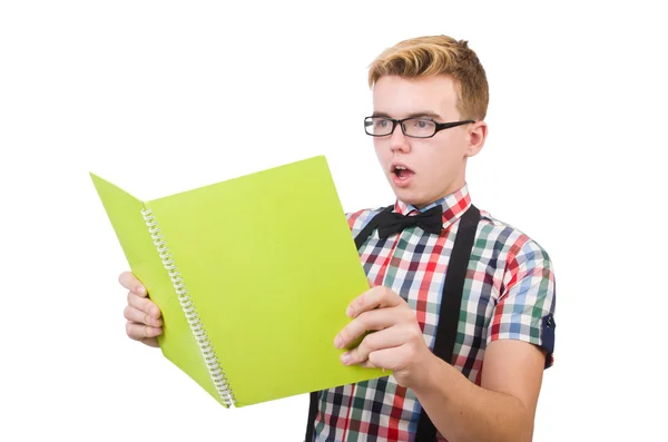 Estudiante divertido con libros aislados en blanco —  Fotos de Stock