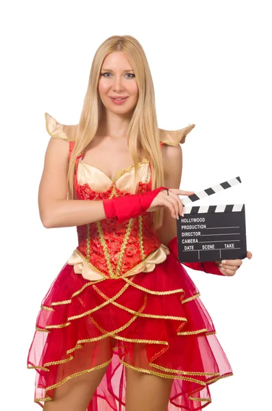 Woman in red dress with movie board — Stock Photo, Image