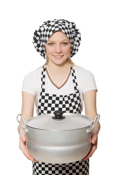 被白色背景隔离的女厨师 — 图库照片