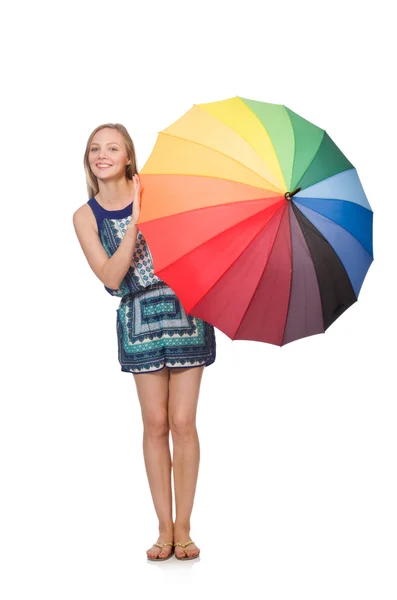 Femme avec parapluie isolé sur blanc — Photo