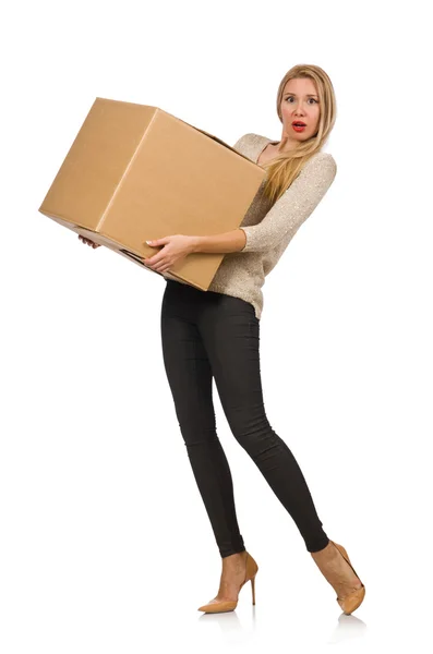 Vrouw met het vak verplaatsen naar nieuwe huis — Stockfoto