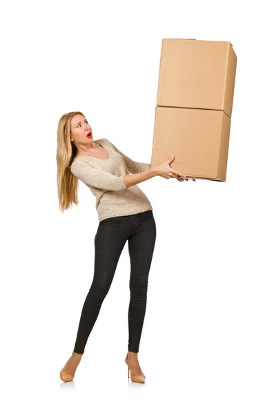 Woman with boxes relocating to new house — Stock Photo, Image