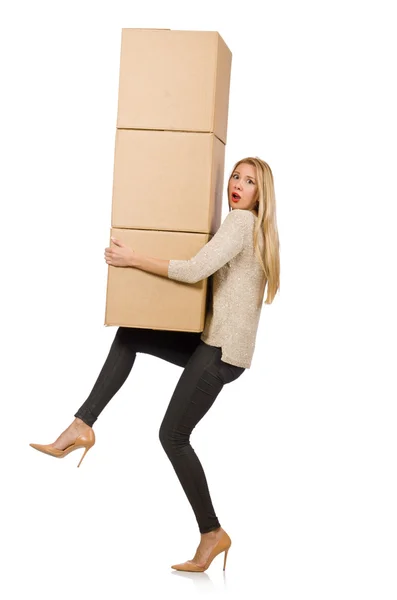 Woman with boxes relocating to new house — Stock Photo, Image