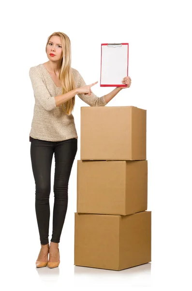 Woman with boxes relocating to new house — Stock Photo, Image