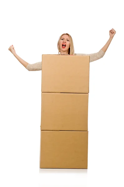 Woman with boxes relocating to new house — Stock Photo, Image