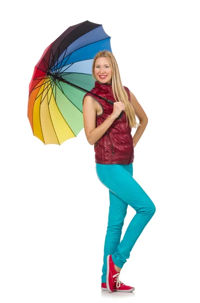 Junge Frau mit buntem Regenschirm — Stockfoto