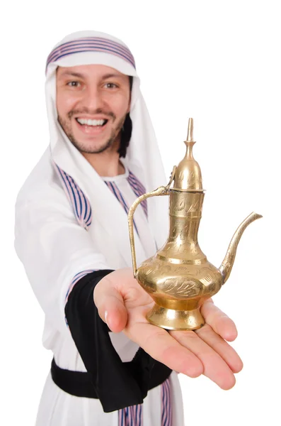 Arabische man met lamp geïsoleerd op wit — Stockfoto