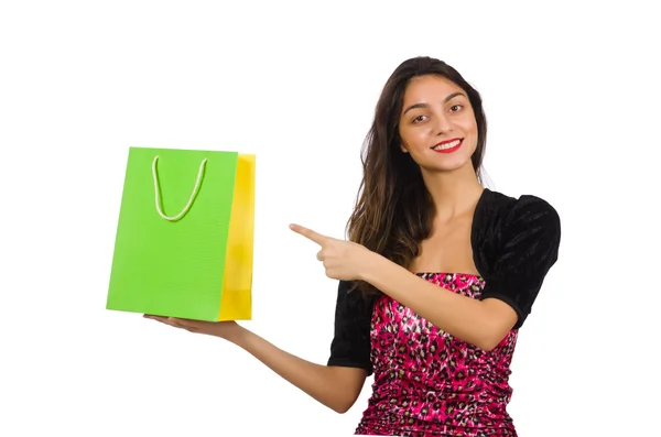 Concetto shopping con donna su bianco — Foto Stock