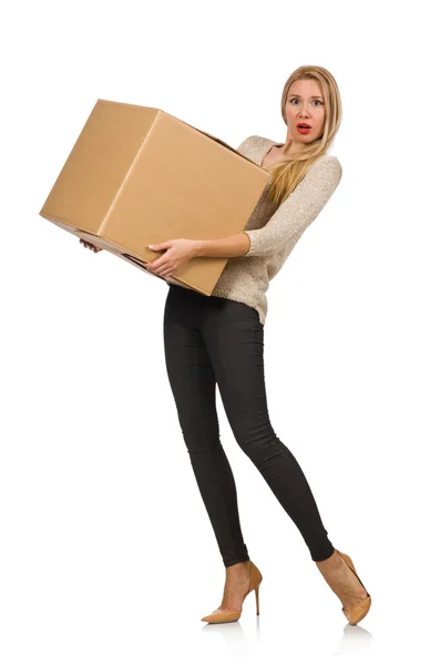 Woman with box relocating to new house Stock Photo