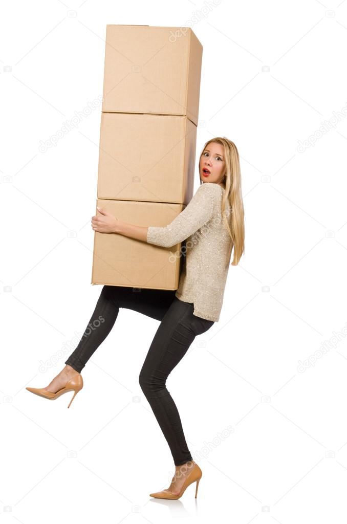 Woman with boxes relocating to new house
