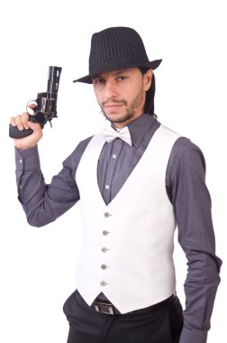 Silahlı bir adam beyazın üzerinde izole edilmiş.