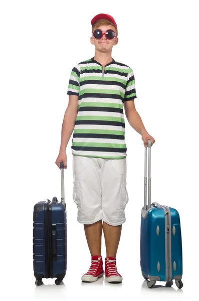 Homme drôle avec valise isolée sur blanc — Photo