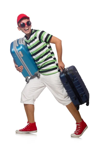 Funny man with suitcase isolated on white — Stock Photo, Image