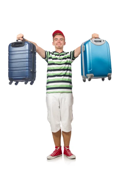 Homme drôle avec valise isolée sur blanc — Photo