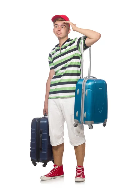 Homme drôle avec valise isolée sur blanc — Photo