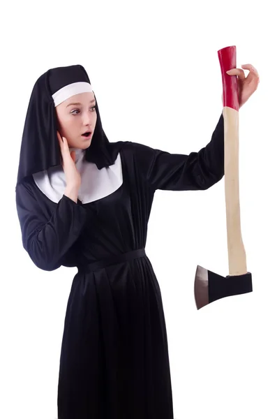 Nun with axe isolated on white — Stock Photo, Image