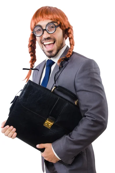 Funny businessman with female wig isolated on white — Stock Photo, Image