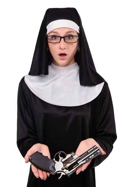 Nun with handgun isolated on white — Stock Photo, Image