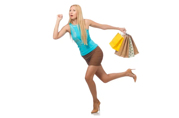 Donna con shopping bags isolata su bianco — Foto Stock