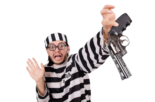 Prison inmate with gun isolated on white — Stock Photo, Image
