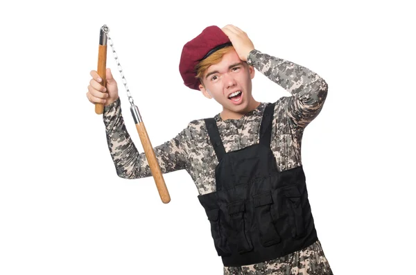 Lustiger Soldat im militärischen Konzept isoliert auf der weißen Seite — Stockfoto