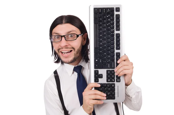 Young funny businessman with keyboard isolated on white — Stock Photo, Image